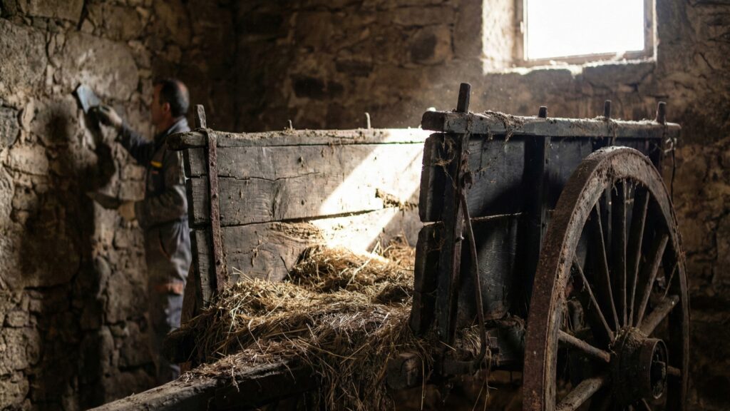 Carroça abandonada em antiga constrção de pedras