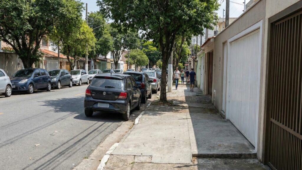 Carros estacionados em rua de bairro brasileiro