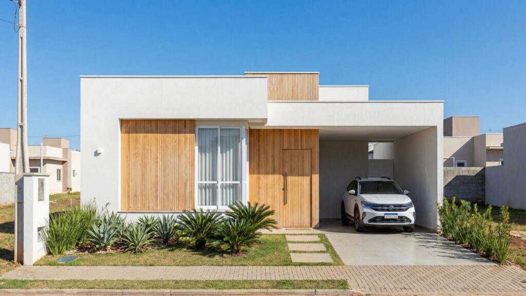 Casa em condomínio com carro SUV branco na garagem