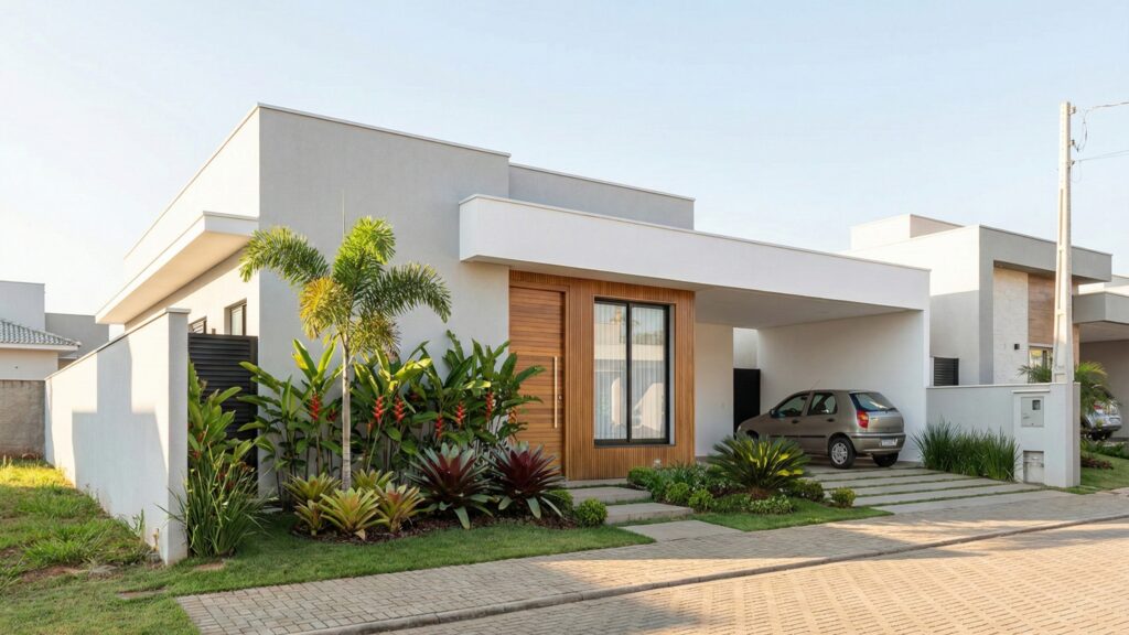 Casa moderna e luxuosa em condomínio com carro estacionado na garagem