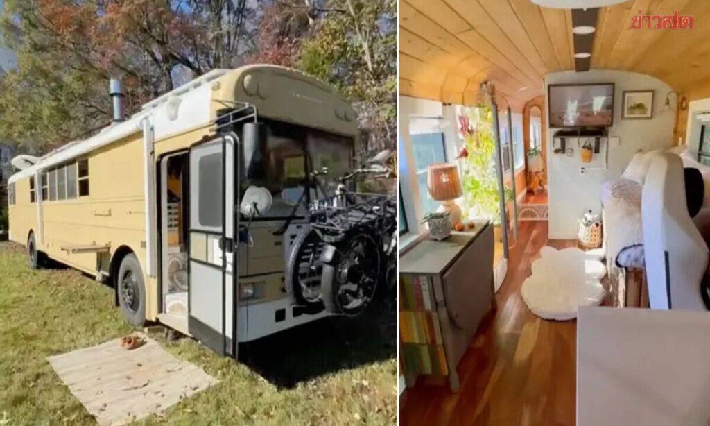 Casal econômico compra ônibus usado por $ 160.000, transforma em uma casa móvel dos sonhos à beira-mar