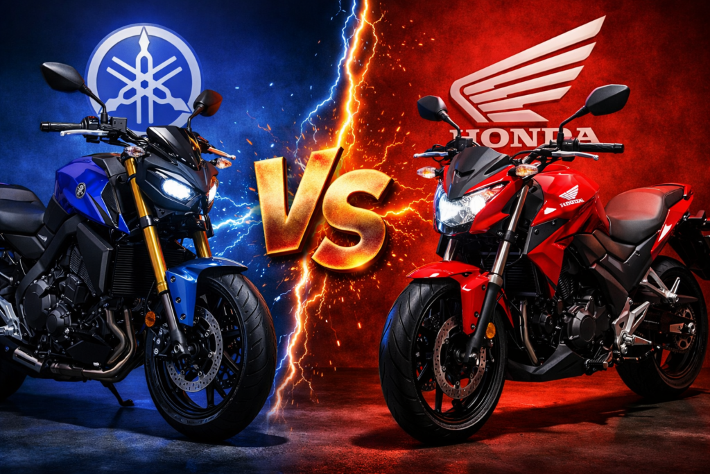 Duas motos, Honda e Yamaha, exibidas lado a lado, simbolizando confiabilidade e desempenho reconhecidos no mercado brasileiro.