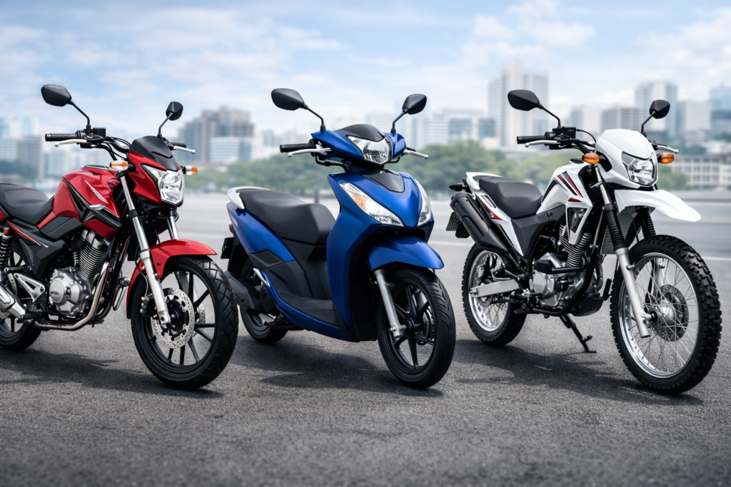 Três motos lado a lado (street, scooter e trail) em ambiente urbano, ilustrando a variedade de modelos disponíveis no mercado de motos em 2026.