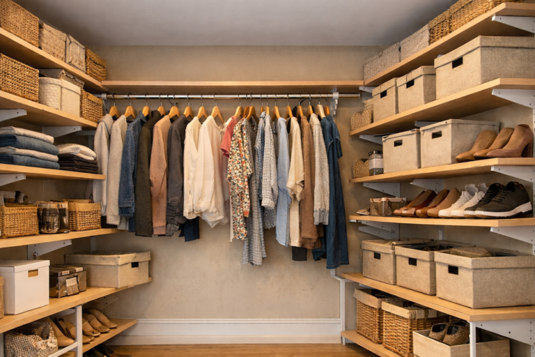 Closet organizado com prateleiras de MDF, roupas penduradas e caixas de armazenamento.