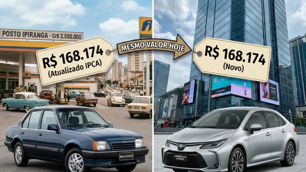 Comparação de preços entre o Monza 1990 hoje em dia contra o Corolla 2026