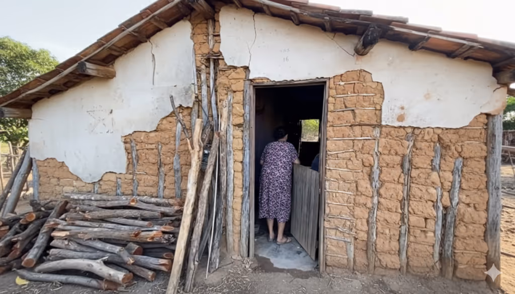 Essa senhora de 63 anos tem uma vida sofrida e solitária numa casinha de taipa no sertão cearense