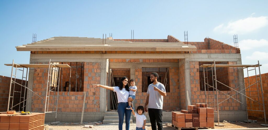 Família em frente a construção da casa própria
