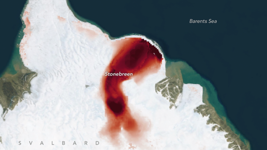 NASA detecta “mancha vermelha pulsante” em geleira da Noruega e explica o fenômeno