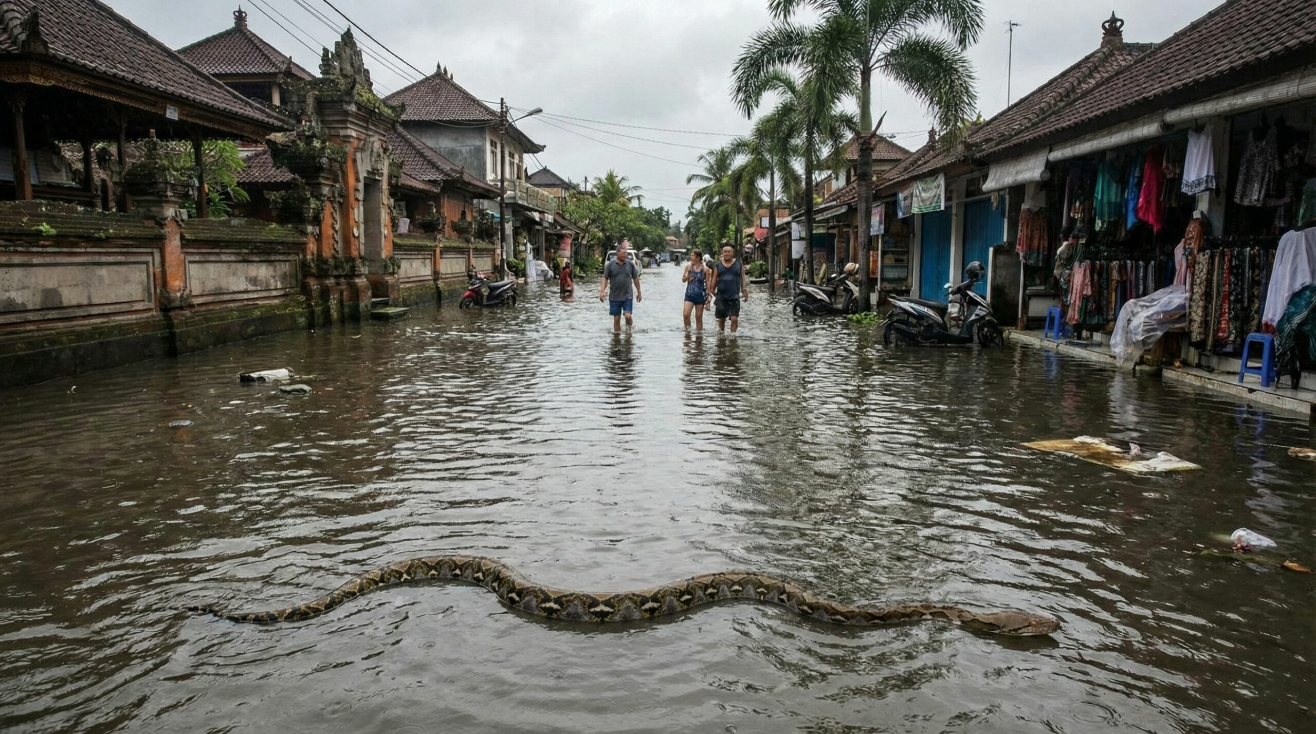 Pítons de 5 metros são flagradas nadando livremente após inundações