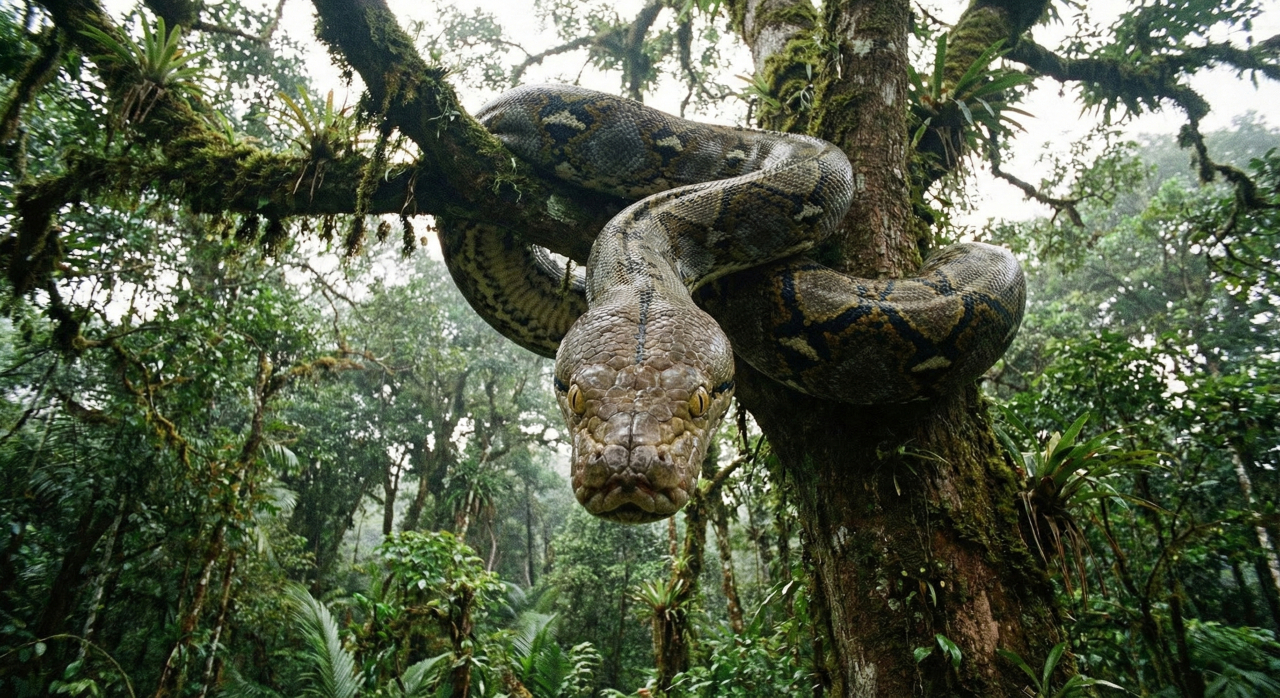 Píton gigante é flagrada por grupo de pessoas descansando nos galhos de árvore