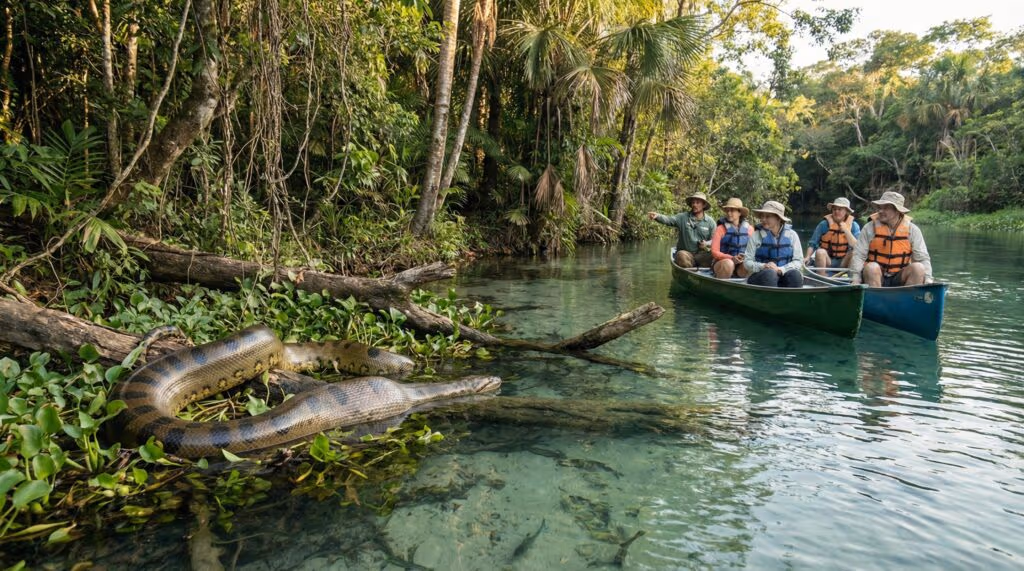 Sucuri gigante é flagrada por canoeiros no rio Formoso em MS