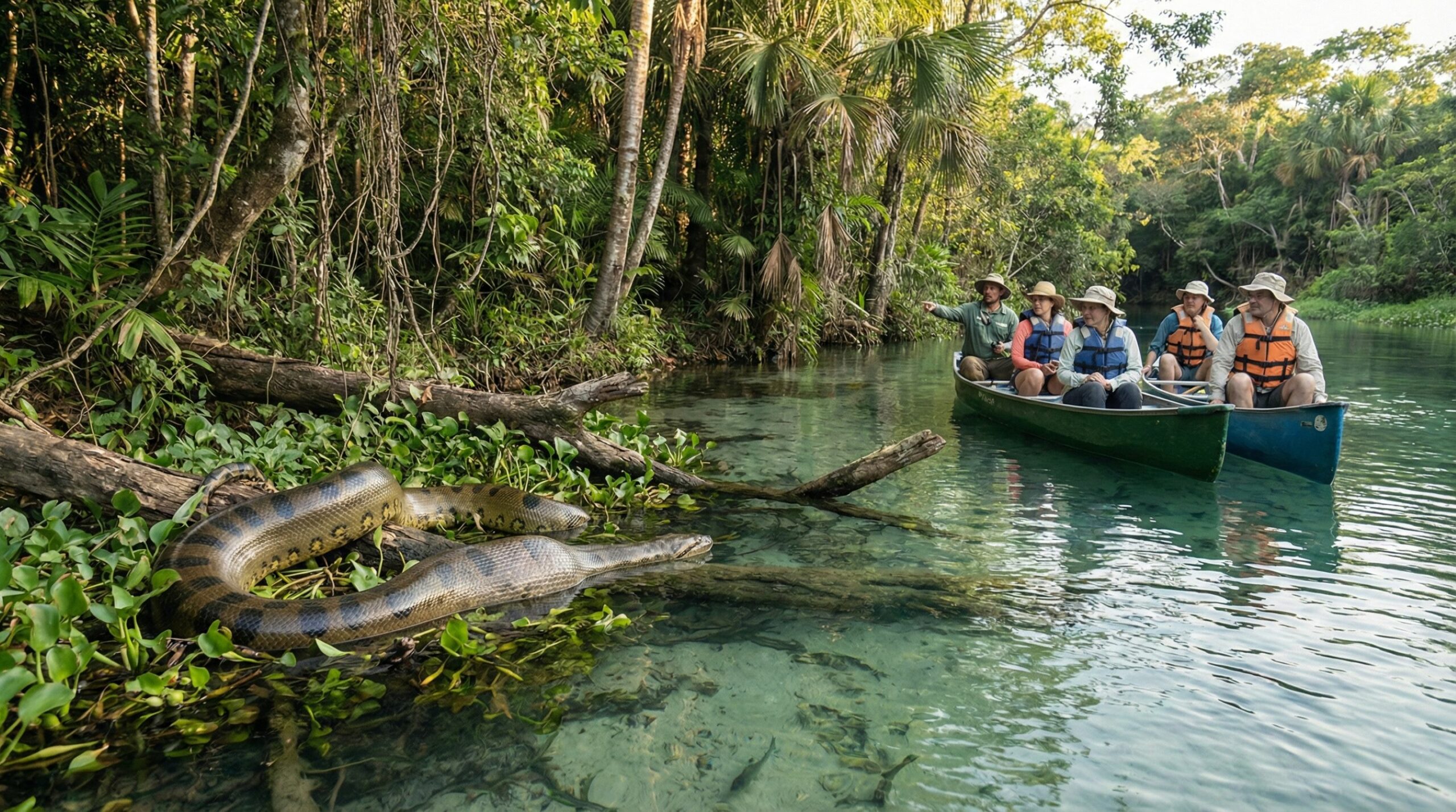 Sucuri gigante é flagrada por canoeiros no rio Formoso em MS