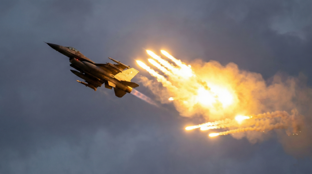 Os flares são utilizados como meios de contramedida em meio as combates aéreos