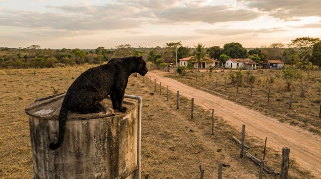 Onça-pintada preta é flagrada descansando em cima de caixa d’água em MT