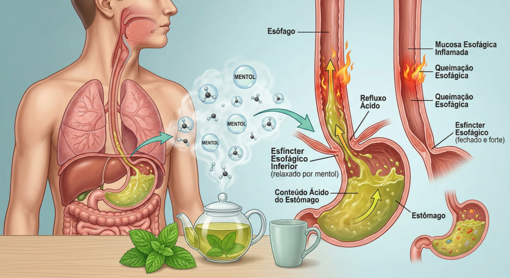 O mentol, presente no chá de hortelã, relaxa a passagem do esôfago, permitindo que suco gástrico suba