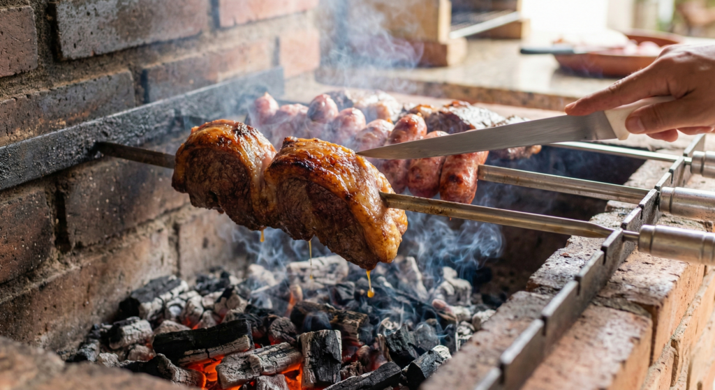Churrasco no espeto tem seus prós e contras em relação a grelha