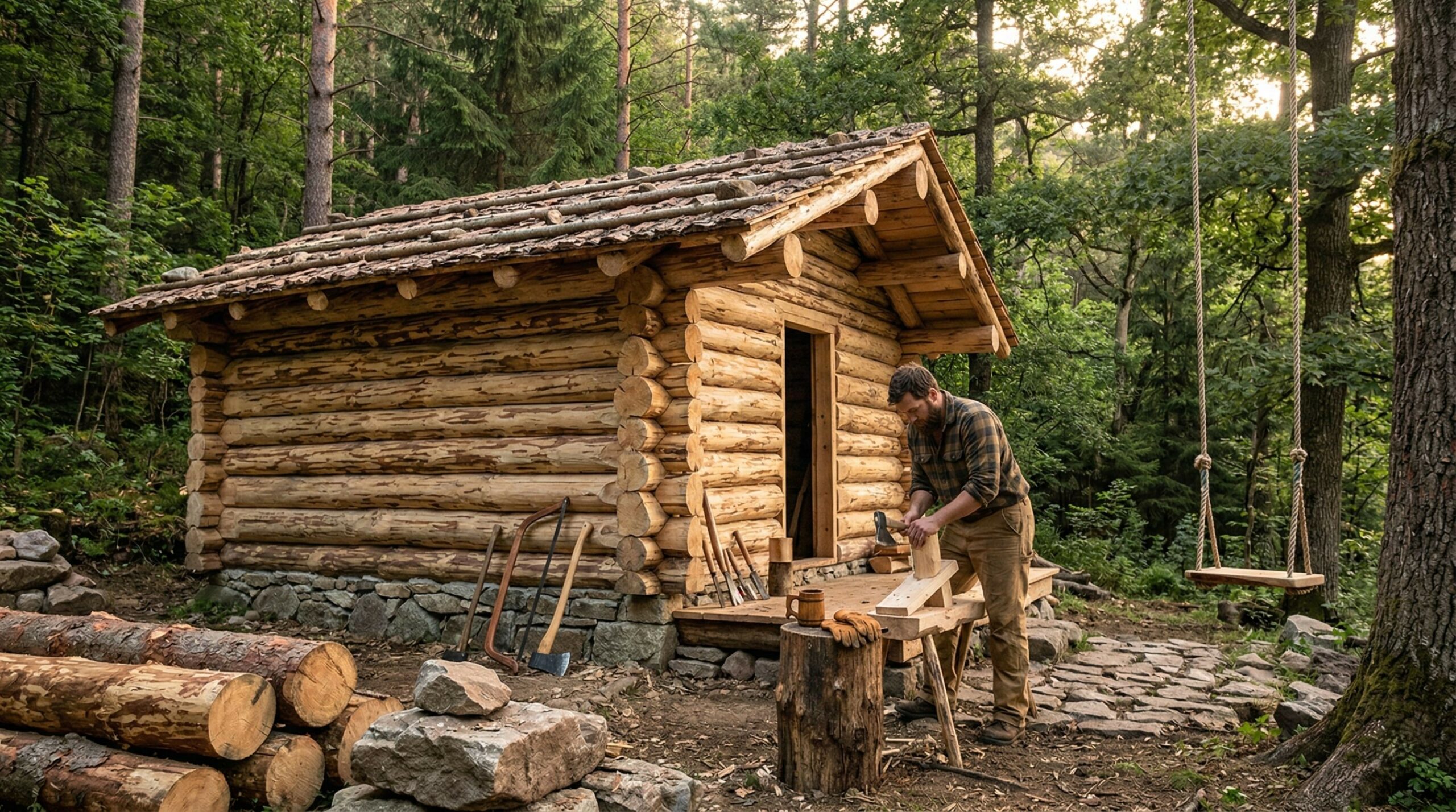 Como uma casa com pedras e troncos ganha forma na floresta mesmo sem máquinas, concreto ou eletricidade