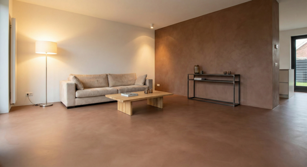 O cimento queimado, em conjunto com móveis no estilo industrial, transformam o ambiente