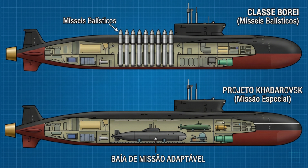 Veículos Poseidon, carregados pelo Khabarovsk, são pequenos submarinos não tripulados que podem carregar ogivas nucleares