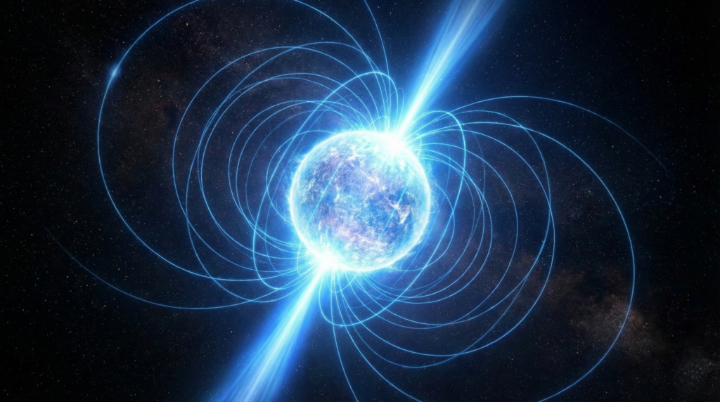 Um pulsar é uma estrela de nêutrons altamente magnetizada que gira rapidamente em torno de seu próprio eixo e emite feixes de radiação eletromagnética pelos polos magnéticos