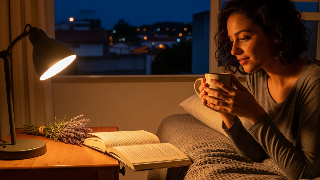 Menos "apagar" e mais "sinalizar". O aroma da lavanda e uma luz baixa são o convite ideal para o seu cérebro desacelerar
