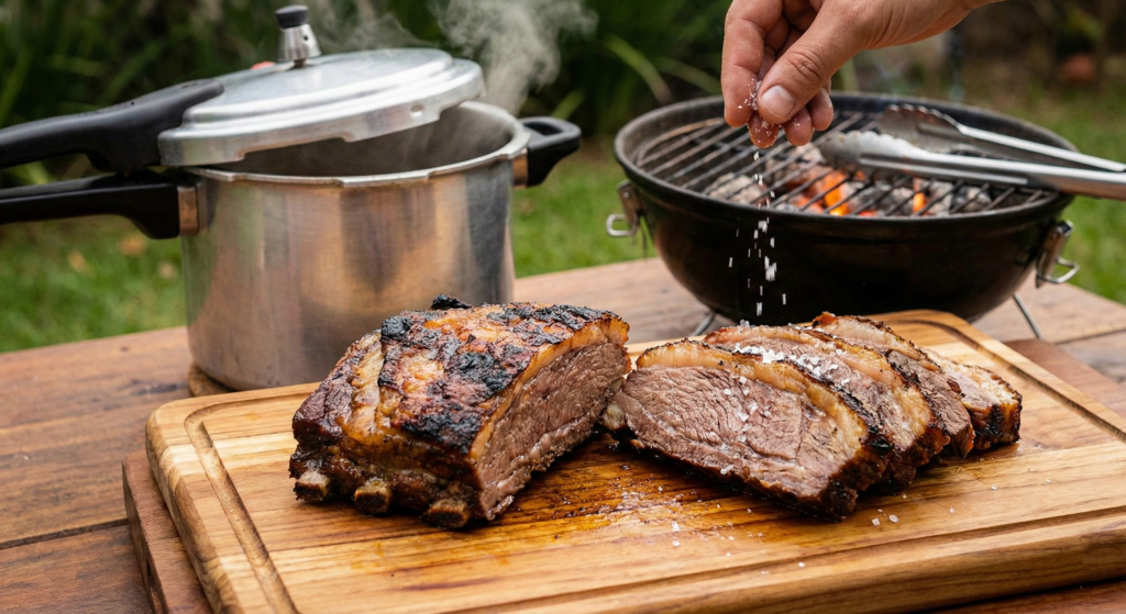 A panela de pressão pode agilizar todo o processo, necessitando apenas casqueirar o exterior da costela