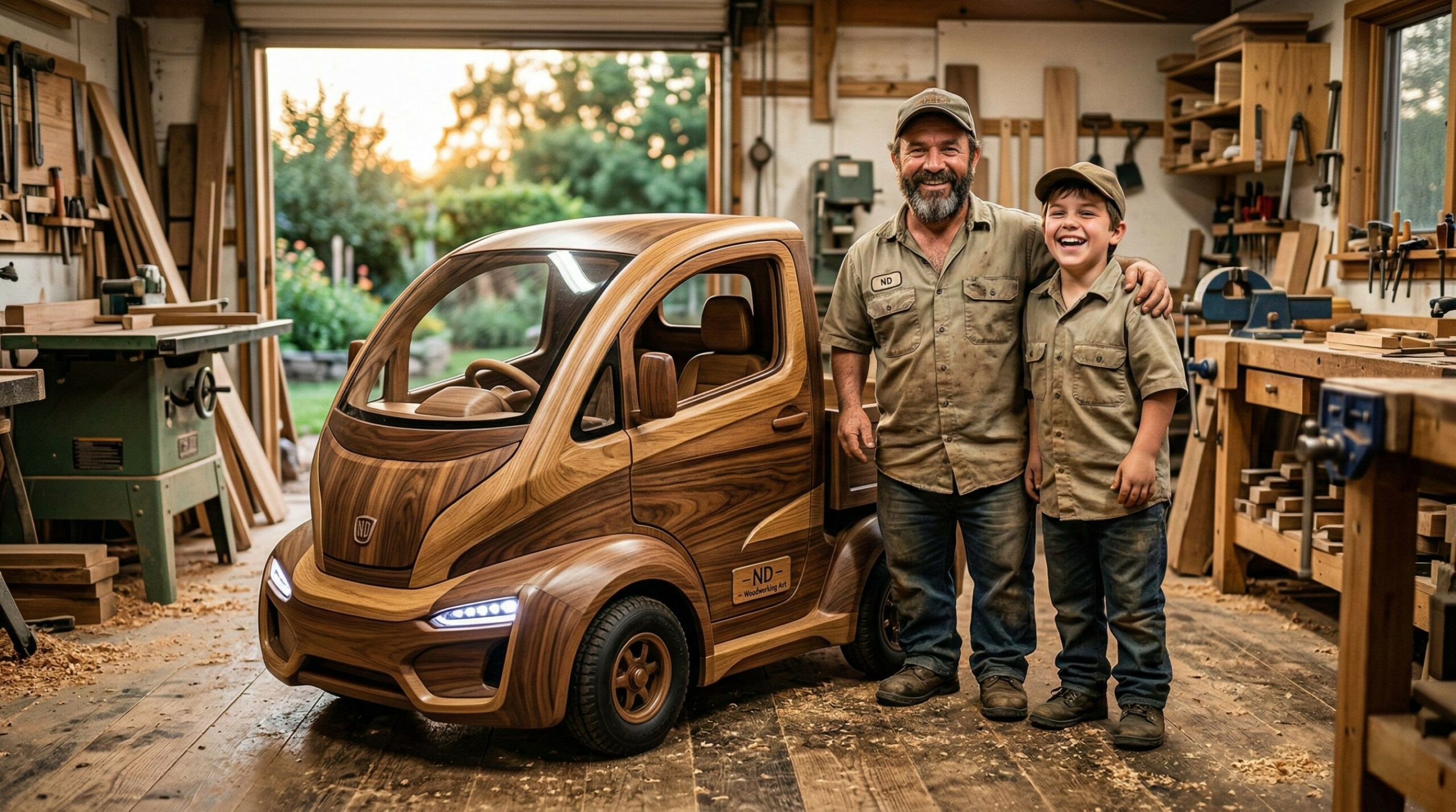 Pai e filho constroem caminhão futurista de madeira sob medida para pessoas com nanismo