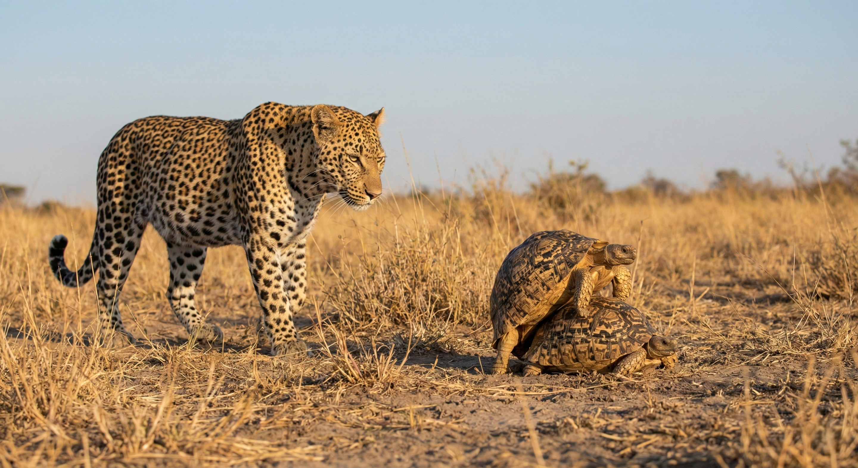 Leopardo desiste de caçar ao ser interrompido por duas tartarugas acasalando