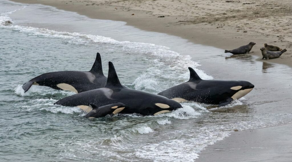 Vídeo flagra orcas adultas ensinando filhotes a caçar focas com técnica milenar