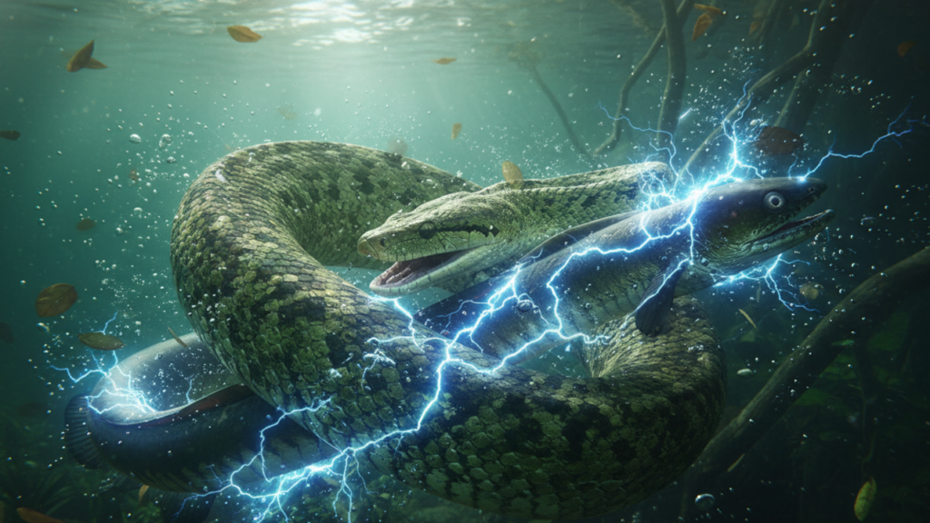 Cobra e poraquê travam batalha que resulta em choque de mais de 800 volts