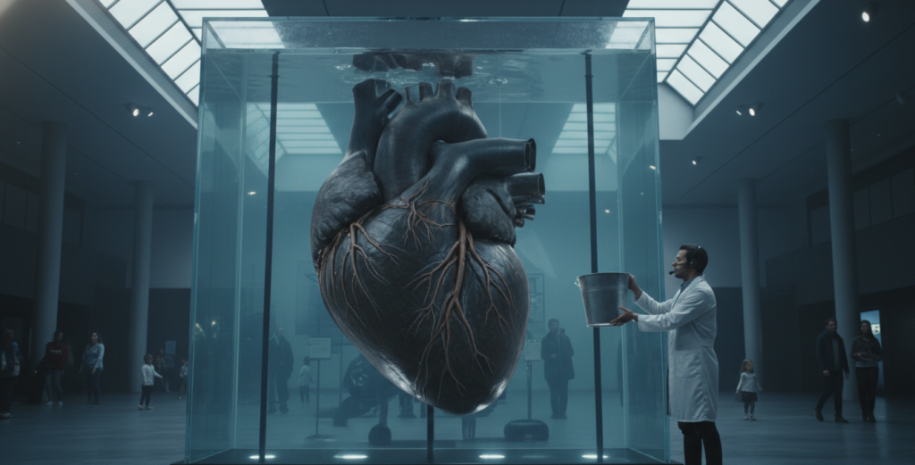 Coração de baleia-azul em tamanho real preservado em um museu, com um pesquisador ao lado para escala, destacando a aorta do diâmetro de um balde, evidenciando o benefício da circulação eficiente em grande escala