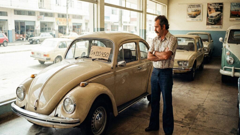 Homem ao lado de Fusca em cenário dos anos 80
