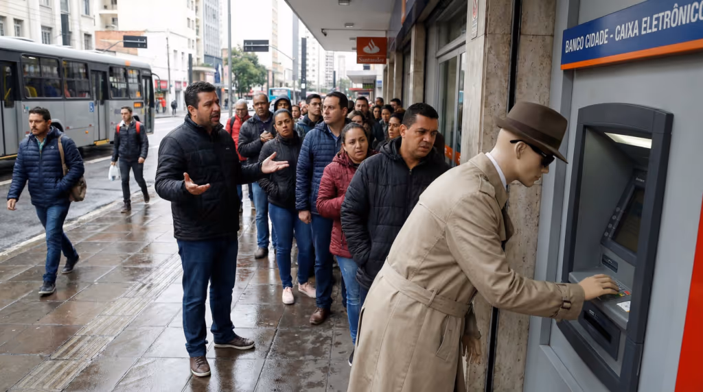 Homem coloca manequim em caixa eletrônico e cria fila de espera com experimento inusitado