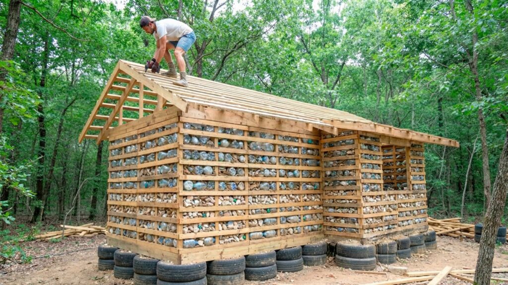 Homem construindo casa com entulhos do lixo em meio a mata
