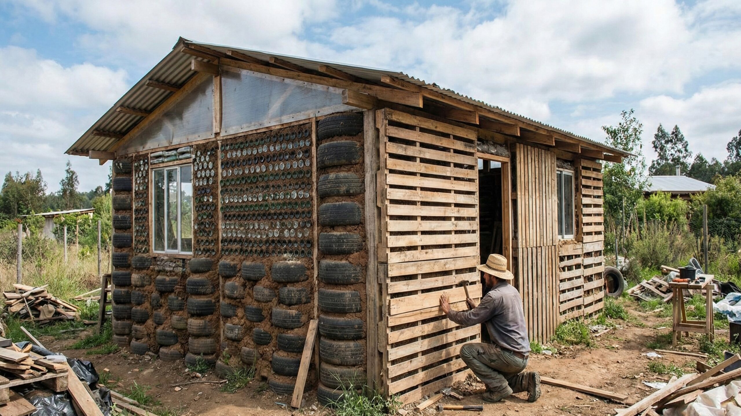 Homem troca mensalidade de academia por obra e constrói casa com pneus e pallets