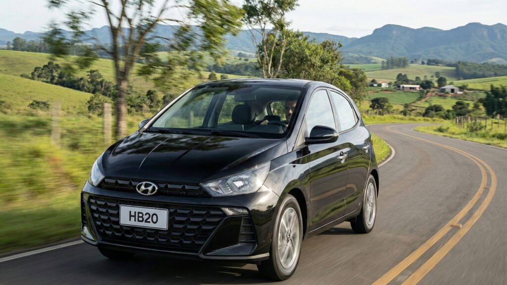 Homem dirigindo Hyundai HB20 preto pela estrada no Brasil