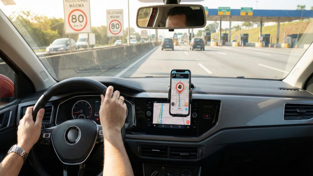 Homem dirigindo utilizando aplicativo para sinalizar radares de trânsito próximo a pedágio