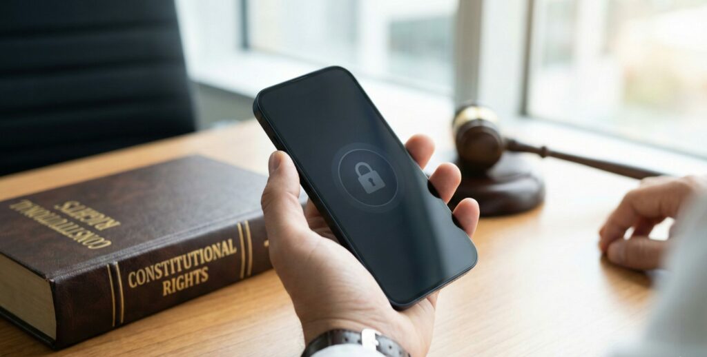 Homem segurando celular bloqueado em mesa de escritório de advocacia