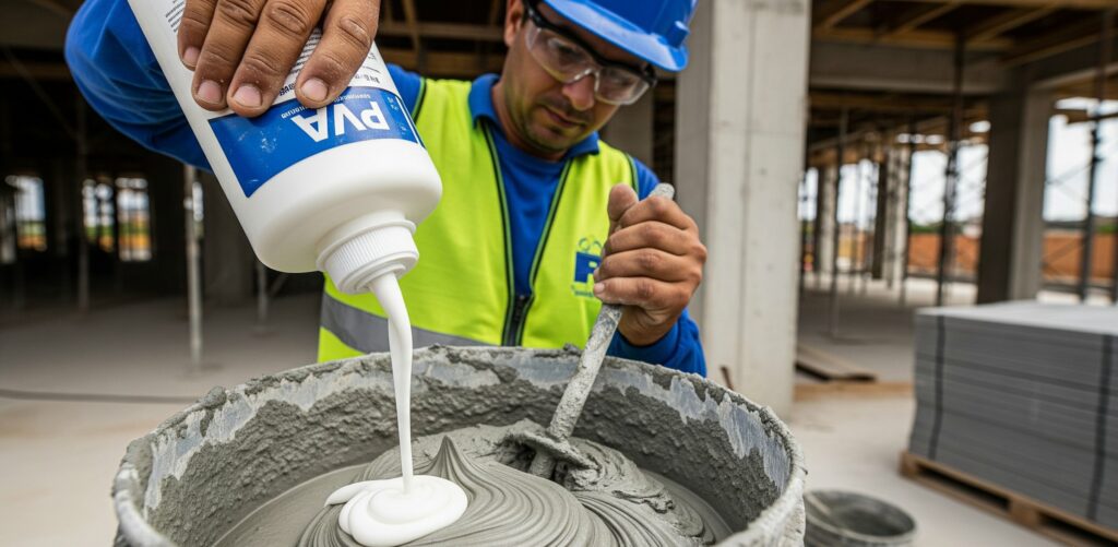 Mistura de cola com cimento sendo feita em obra por profissional da construção civil