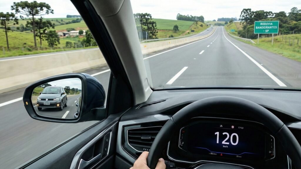 Motorista na via da direita podendo ver carro atrás dele pelo retrovisor esquerdo a esquerda da via