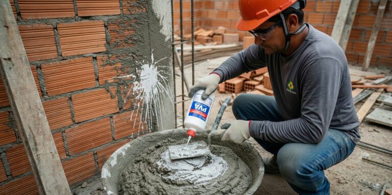 Pedreiro aplicando produto ao cimento em meio a construção civil