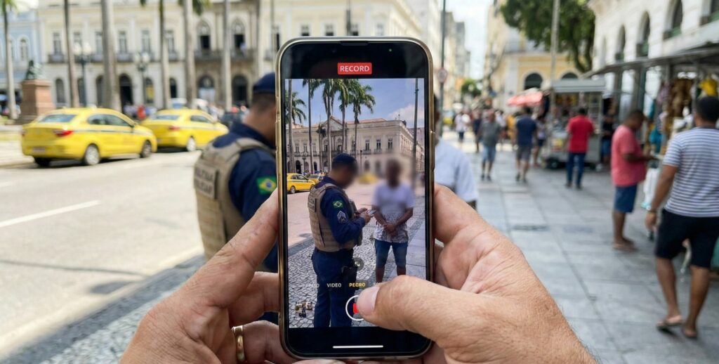 Pessoa filmando servidor público durante trabalho na rua