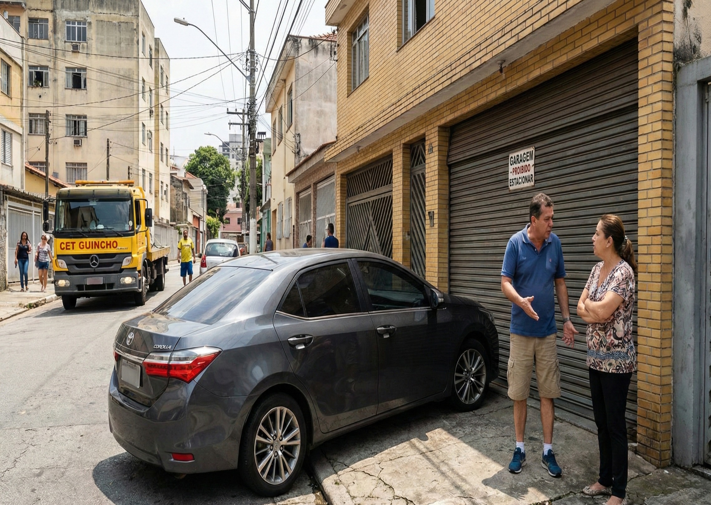 Pessoas discutindo sobre o carro estacionado em frente a garagem