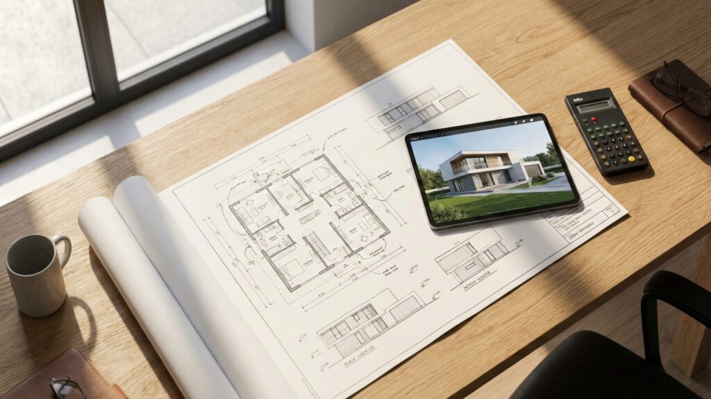 Projeto de casa de 200m² sobre mesa de trabalho