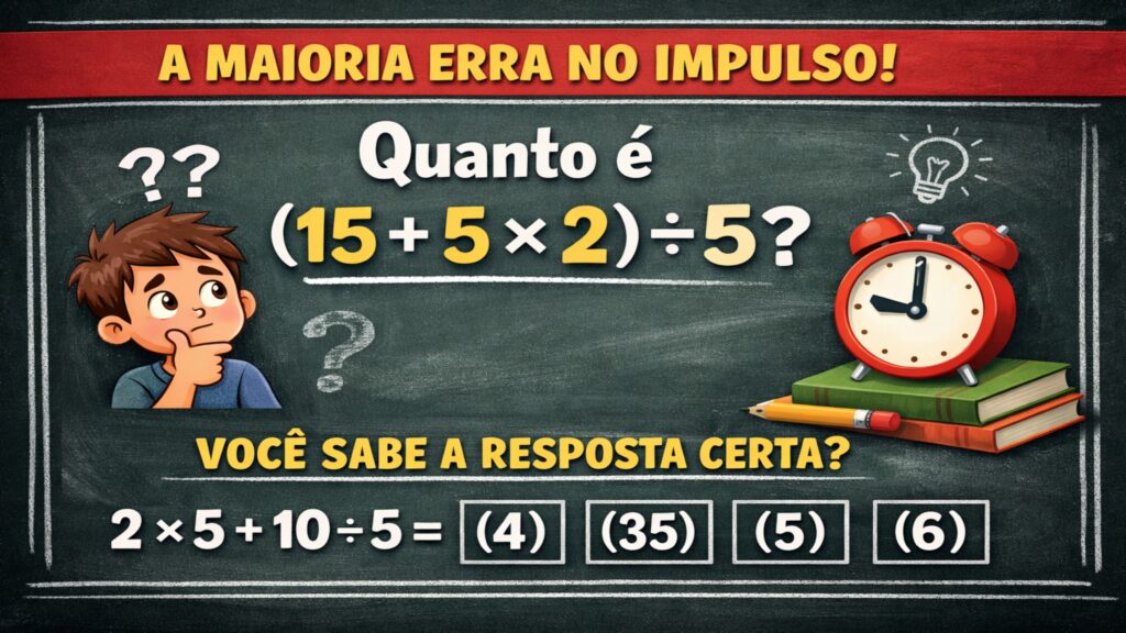 Quanto é (15 + 5 × 2) ÷ 5? A maioria erra no impulso