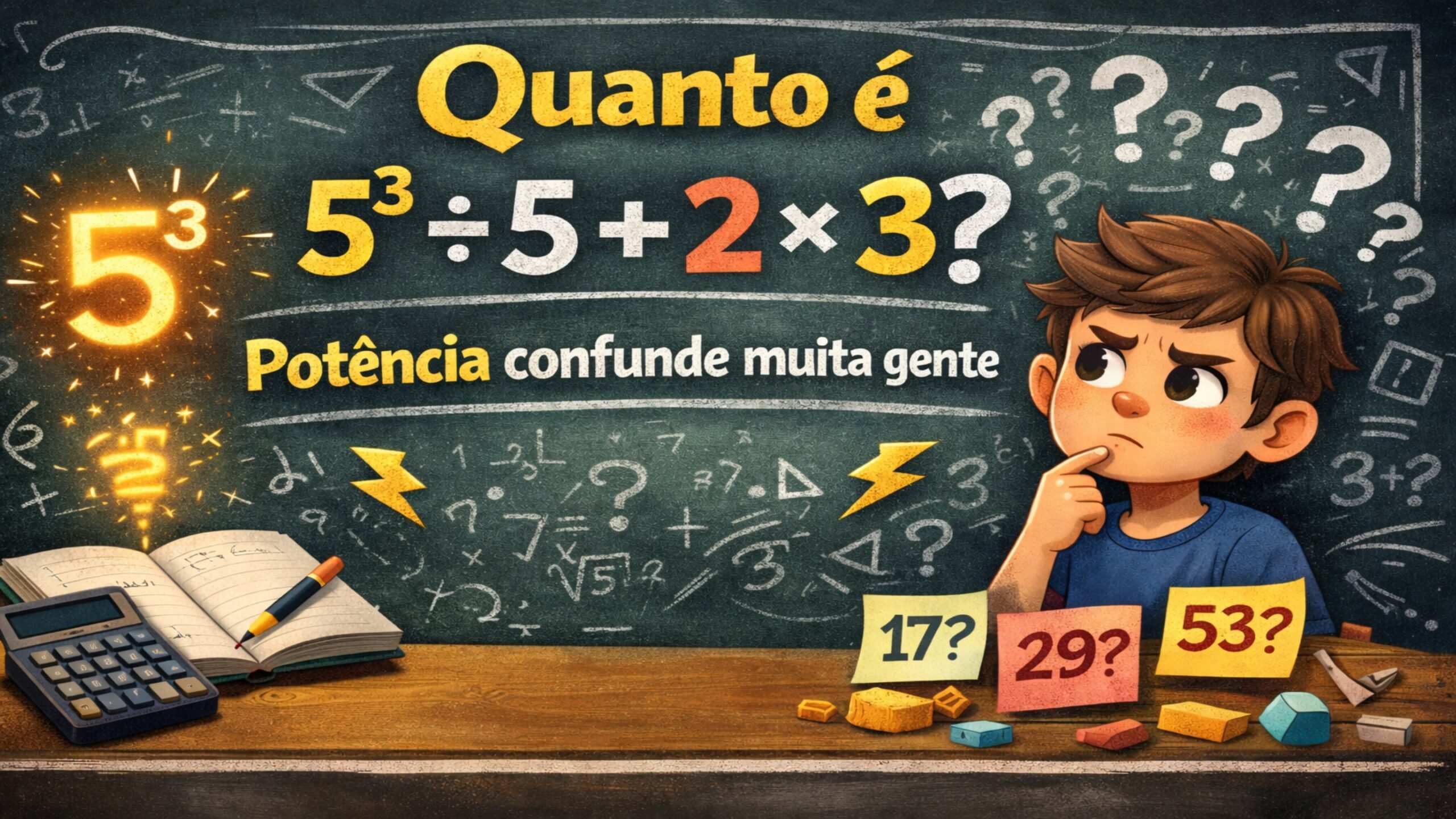 Quanto é 5³ ÷ 5 + 2 × 3? Potência confunde muita gente