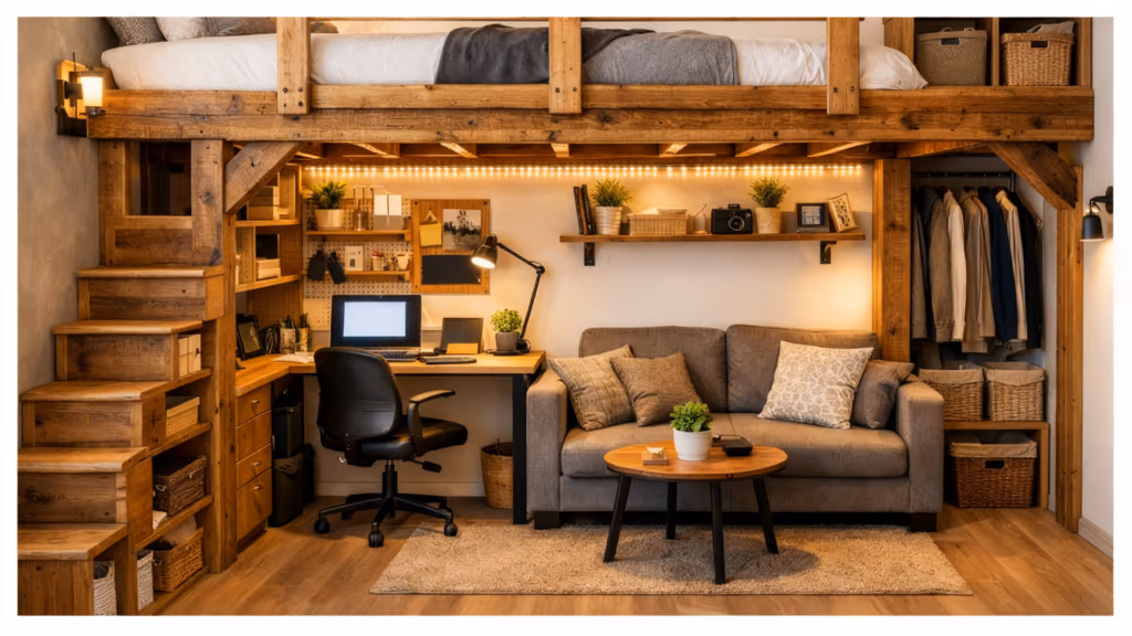 Cama suspensa transforma quarto de 2×2 metros em espaço funcional