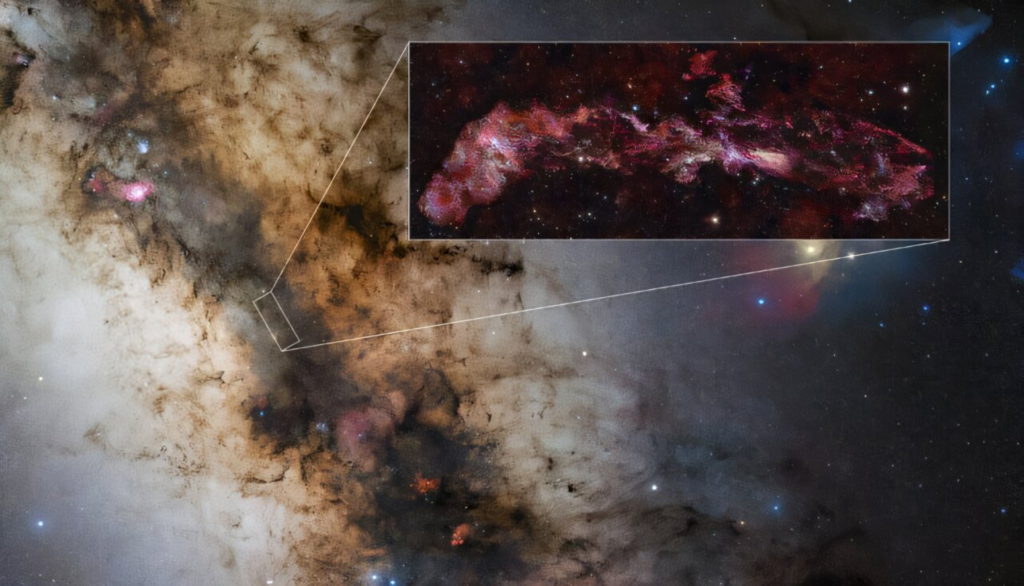 Localização da zona molecular da via láctea - ALMA(ESO/NAOJ/NRAO)/S. Longmore et al. Estrelas: ESO/D. Minniti et al. Via Láctea: ESO/S. Guisard