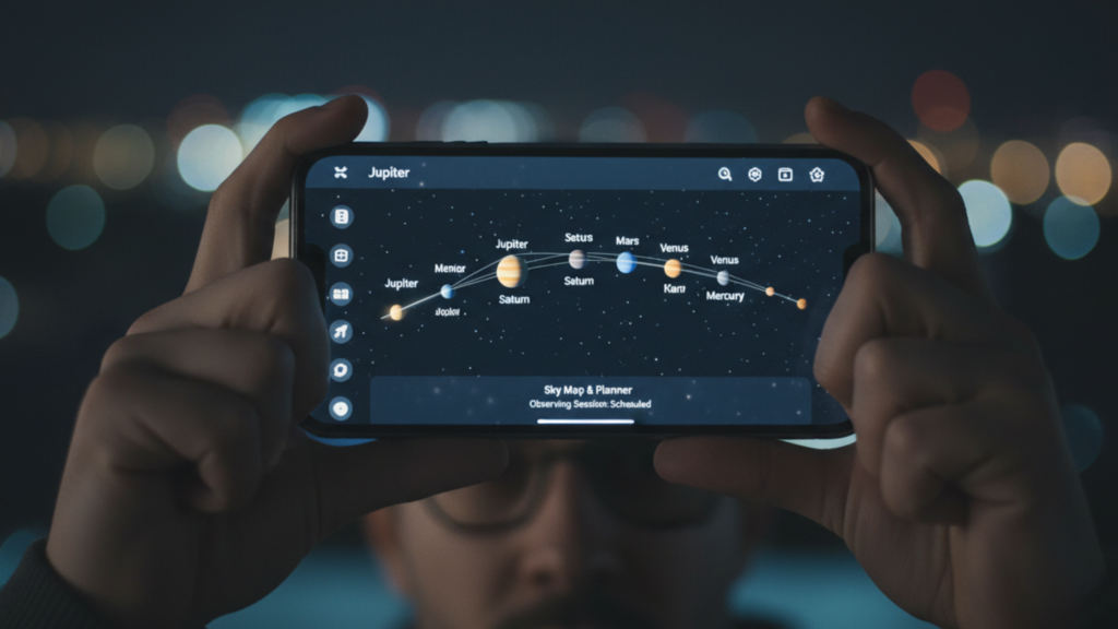 Pessoa em silhueta, usando um telescópio pequeno em uma colina sob um céu noturno estrelado, observando um alinhamento de planetas visíveis como pontos brilhantes.