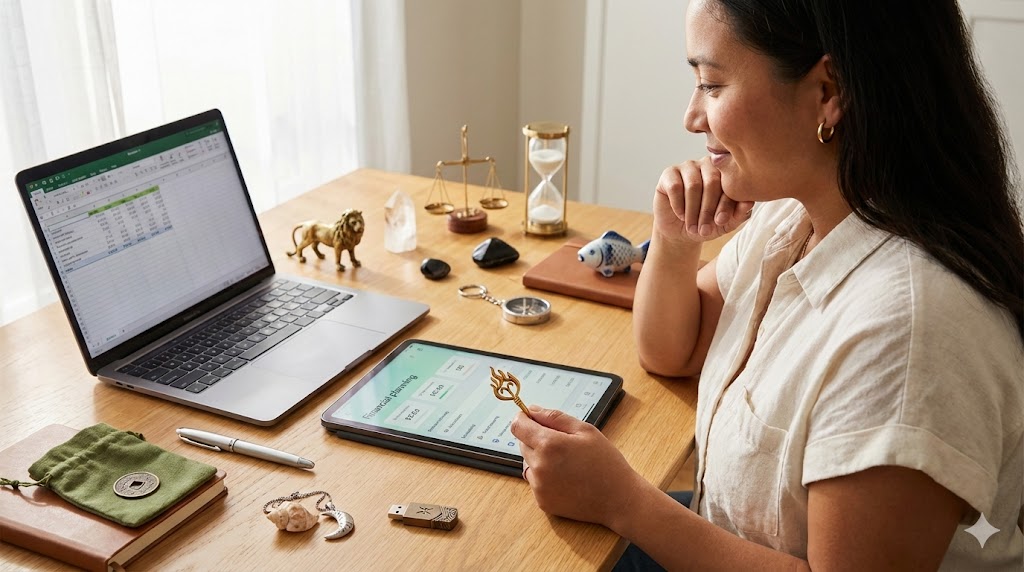 Pessoa utilizando um amuleto de prosperidade como lembrete visual para revisar metas financeiras, planejar gastos e manter disciplina no cotidiano